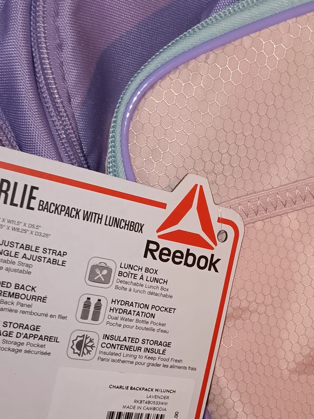 Brand New Reebok 24L Pastel Backpack & Matching Lunch Tote